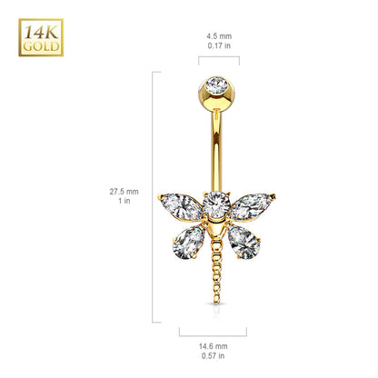 14K Solid Gold 14 Gauge Belly Ring Marquise Dragonfly CZ - photo 2