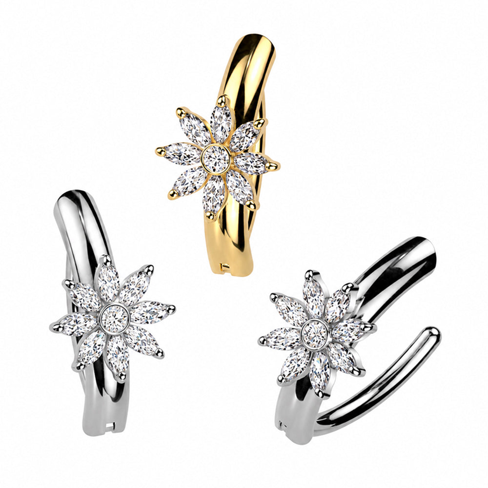 Surgical Steel 14 Gauge Hinged Belly Button Ring CZ Flower Marquise