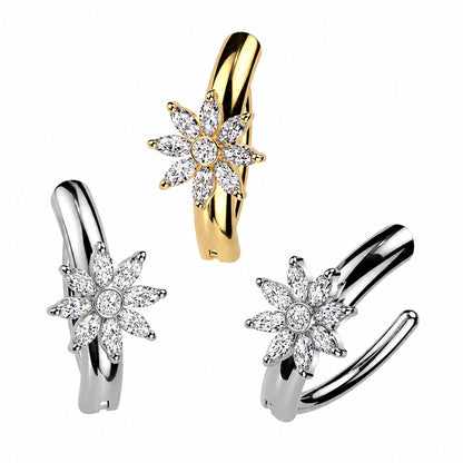 Surgical Steel 14 Gauge Hinged Belly Button Ring CZ Flower Marquise