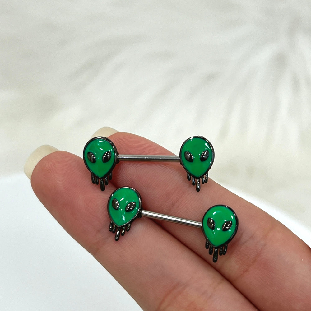 Surgical Steel Nipple Barbell 14G 14mm with Melting Aliens - Pair - photo 4