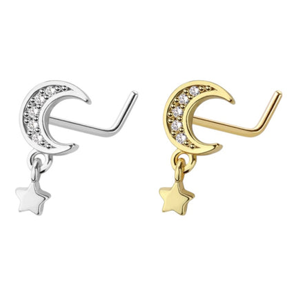 Surgical Steel L Shaped Nose Stud 20G 6mm with Dangle Star & CZ Moon