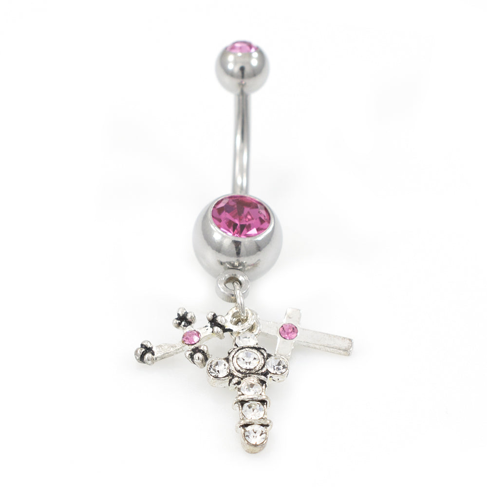 Surgical Steel 14 Gauge Belly Ring with Pink CZ Crosses