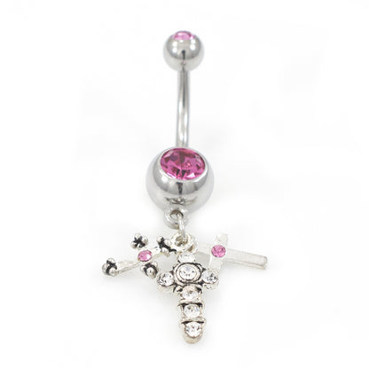 Surgical Steel 14 Gauge Belly Ring with Pink CZ Crosses