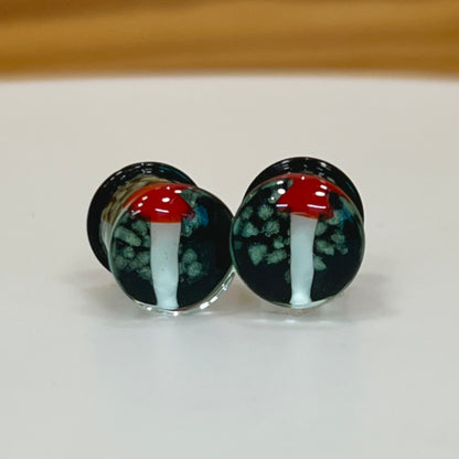 Pyrex Glass 2 to 5/8 Inch Plugs with Glow In Dark Mushrooms - Pair - photo 4