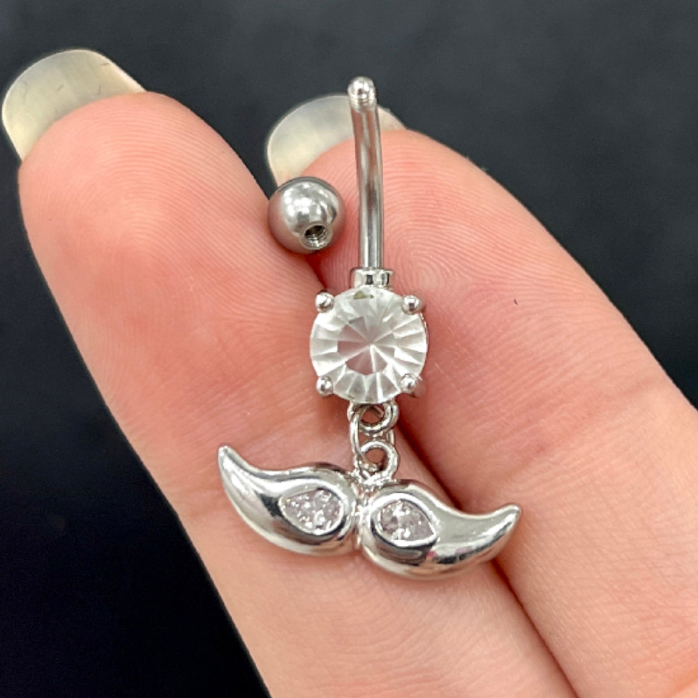 Surgical Steel 14 Gauge Belly Ring with Dangling Mustache CZ - photo 2