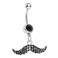 Surgical Steel 14 Gauge Belly Button Ring Black CZ Dangling Mustache