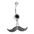 Surgical Steel 14 Gauge Belly Button Ring Black CZ Dangling Mustache