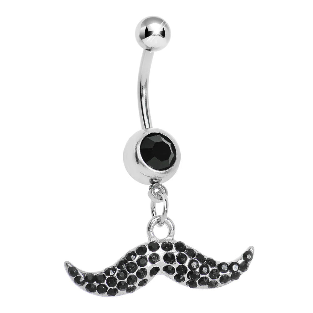 Surgical Steel 14 Gauge Belly Button Ring Black CZ Dangling Mustache
