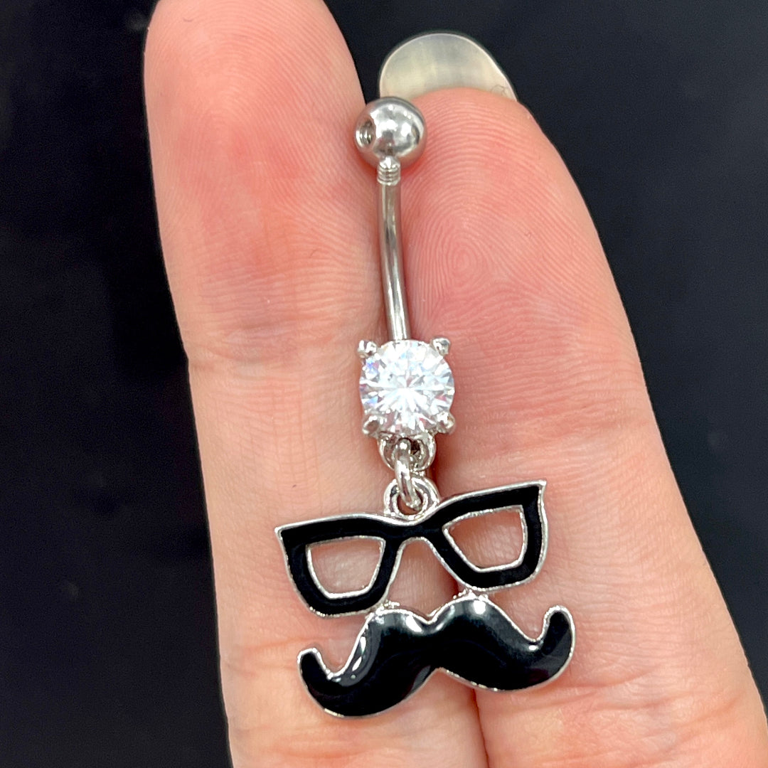 Surgical Steel 14 Gauge Belly Ring with CZ Glasses Mustache Dangle - photo 3