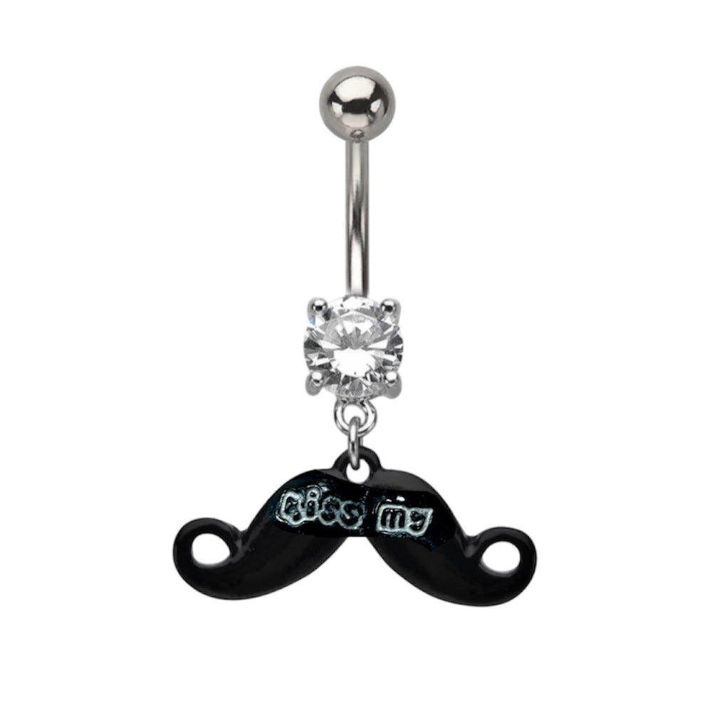 Surgical Steel 14 Gauge Kiss Me Mustache CZ Dangle Belly Ring