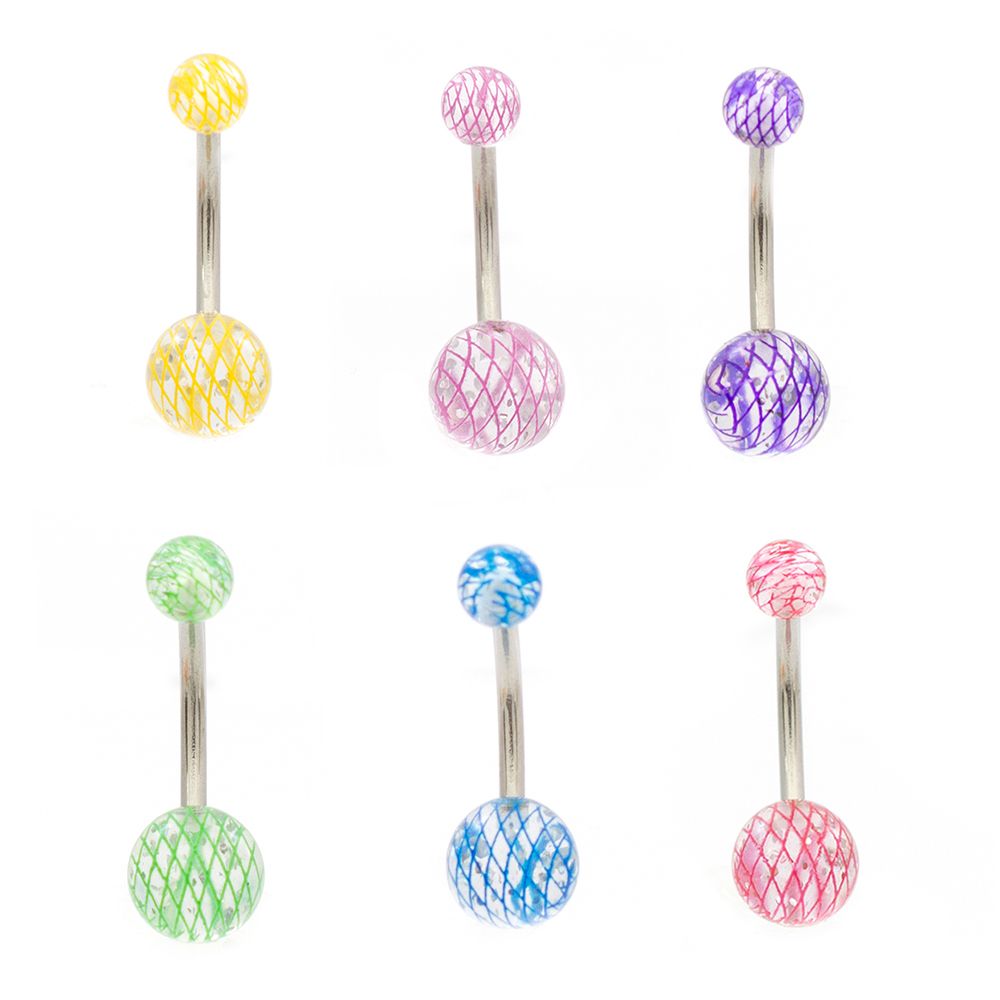 Surgical Steel 14 Gauge Belly Rings with Acrylic Swirl Balls - 6 Pack