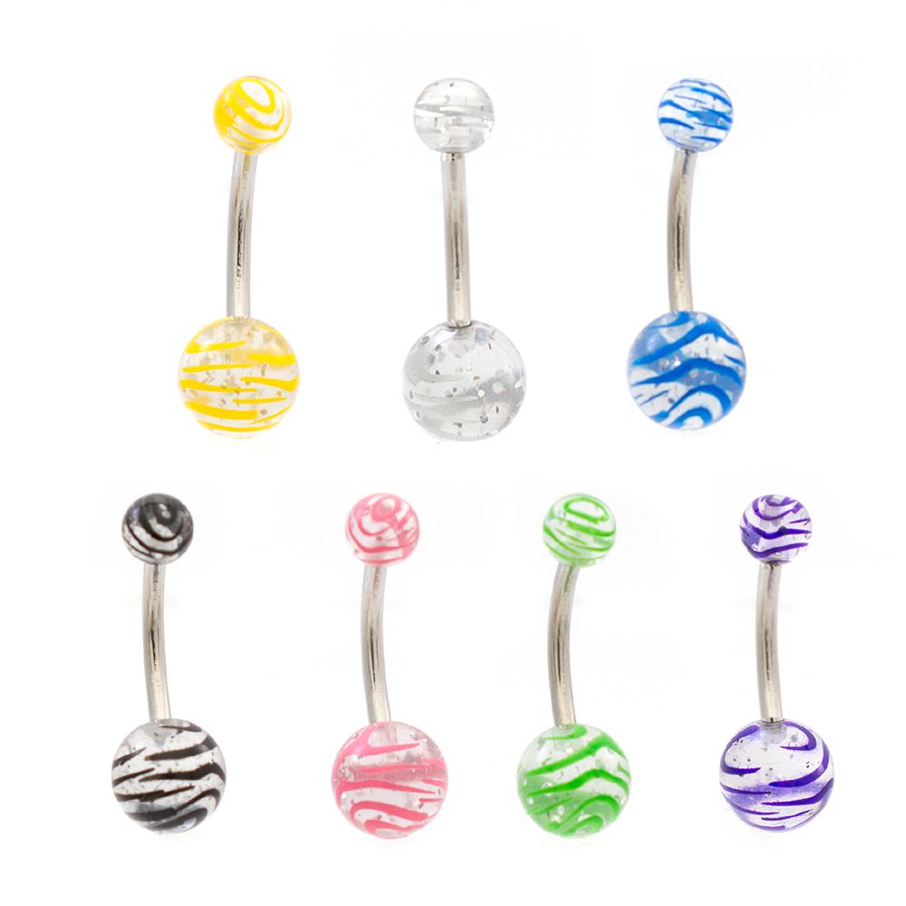 Surgical Steel 14 Gauge Belly Rings with Acrylic Stripe Balls - 6 Pack