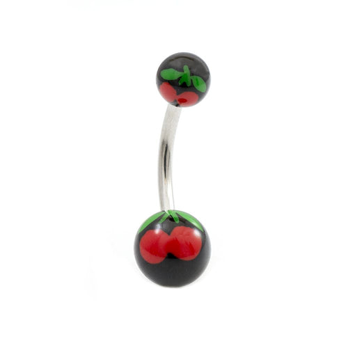 Acrylic 14 Gauge Belly Ring with Black Ball and Cherry Design
