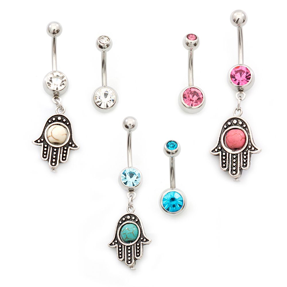 Surgical Steel 14 Gauge Belly Rings with CZ Hamsa Hand - 2 Pack