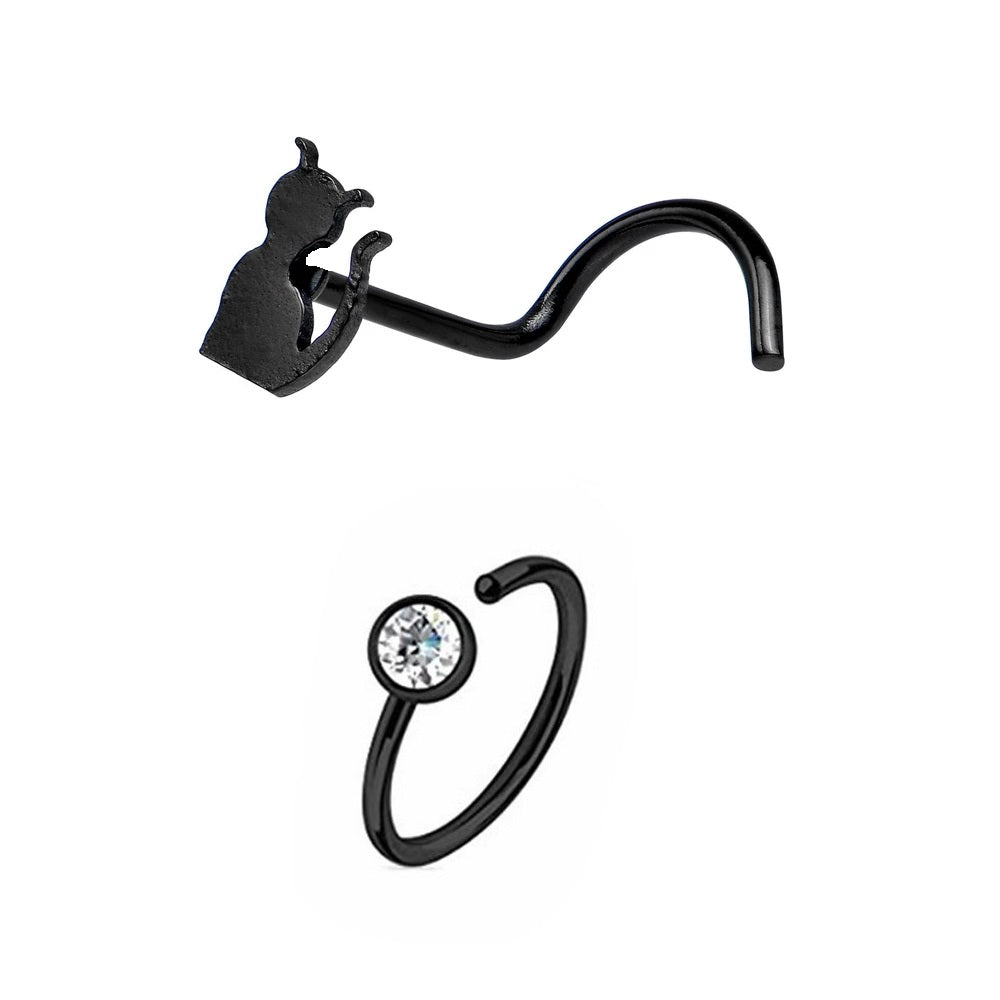 Anodized Surgical Steel 20G Cat Nose Screw & CZ Hoop - 2 Pack
