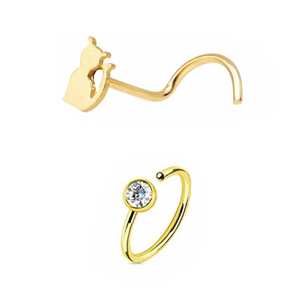 Anodized Surgical Steel 20G Cat Nose Screw & CZ Hoop - 2 Pack