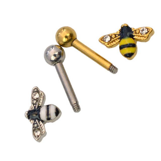 Surgical Steel Cartilage Straight Barbell Ring 16 Gauge 1/4" With Bee