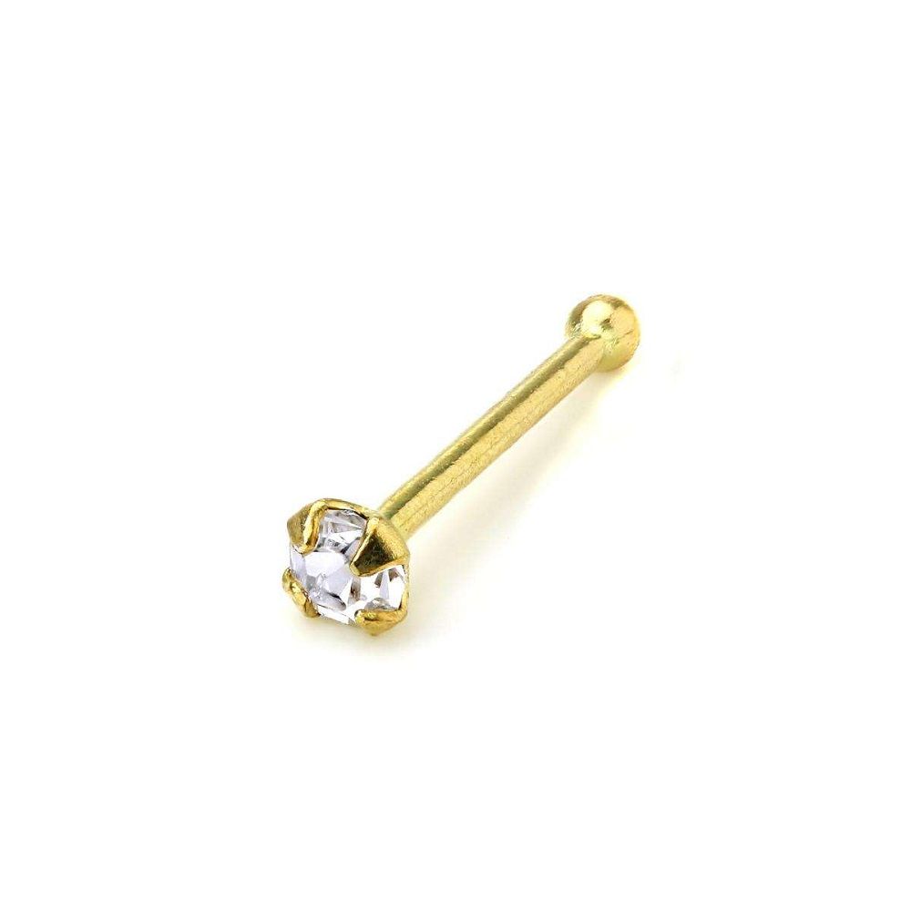 9K Solid Gold 20 Gauge Nose Bone Stud with 2mm Clear CZ