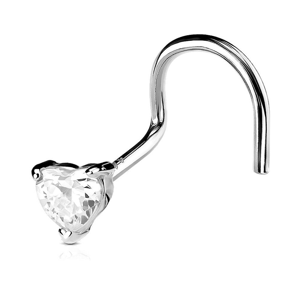 14K Solid White Gold 20 Gauge Nose Screw with CZ Center Heart