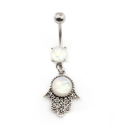 Surgical Steel 14 Gauge Belly Ring with Opal Glitter Hamsa Dangle