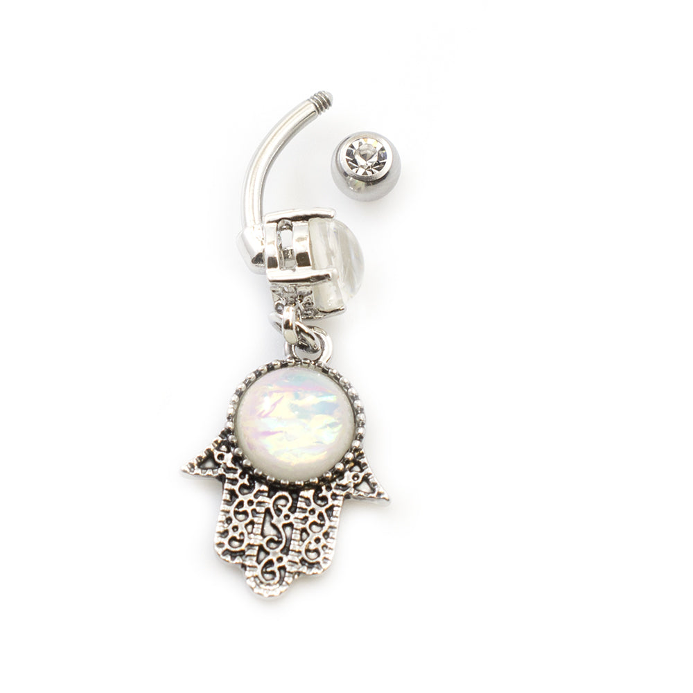Surgical Steel 14 Gauge Belly Ring with Opal Glitter Hamsa Dangle - photo 2