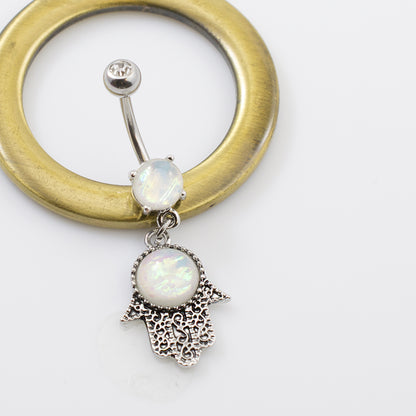 Surgical Steel 14 Gauge Belly Ring with Opal Glitter Hamsa Dangle - photo 3