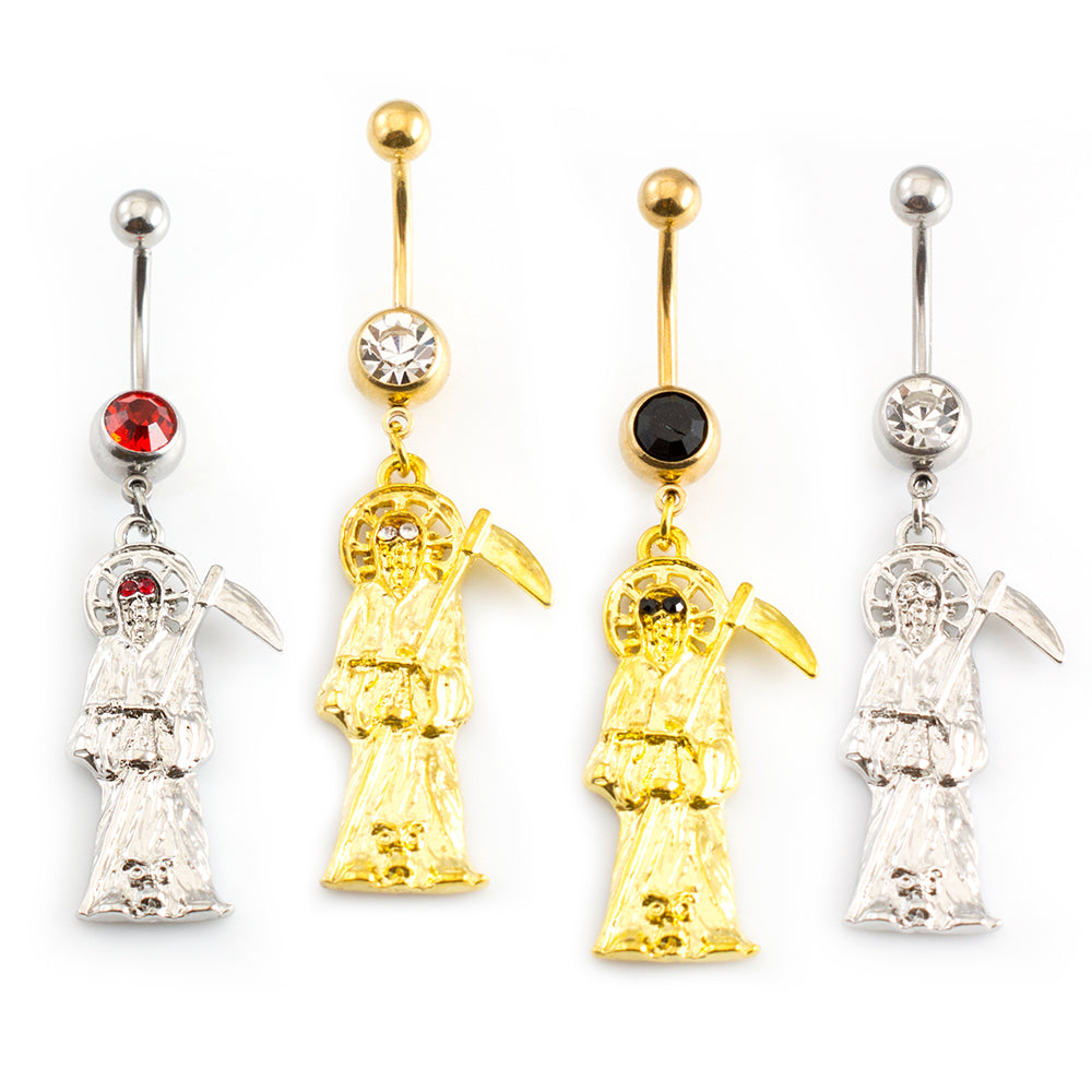 Surgical Steel 14 Gauge Belly Ring with Grim Reaper Dangle