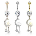 Surgical Steel Belly Ring 14 Gauge 3/8" Crescent Moon & CZ Gems - Kruelty