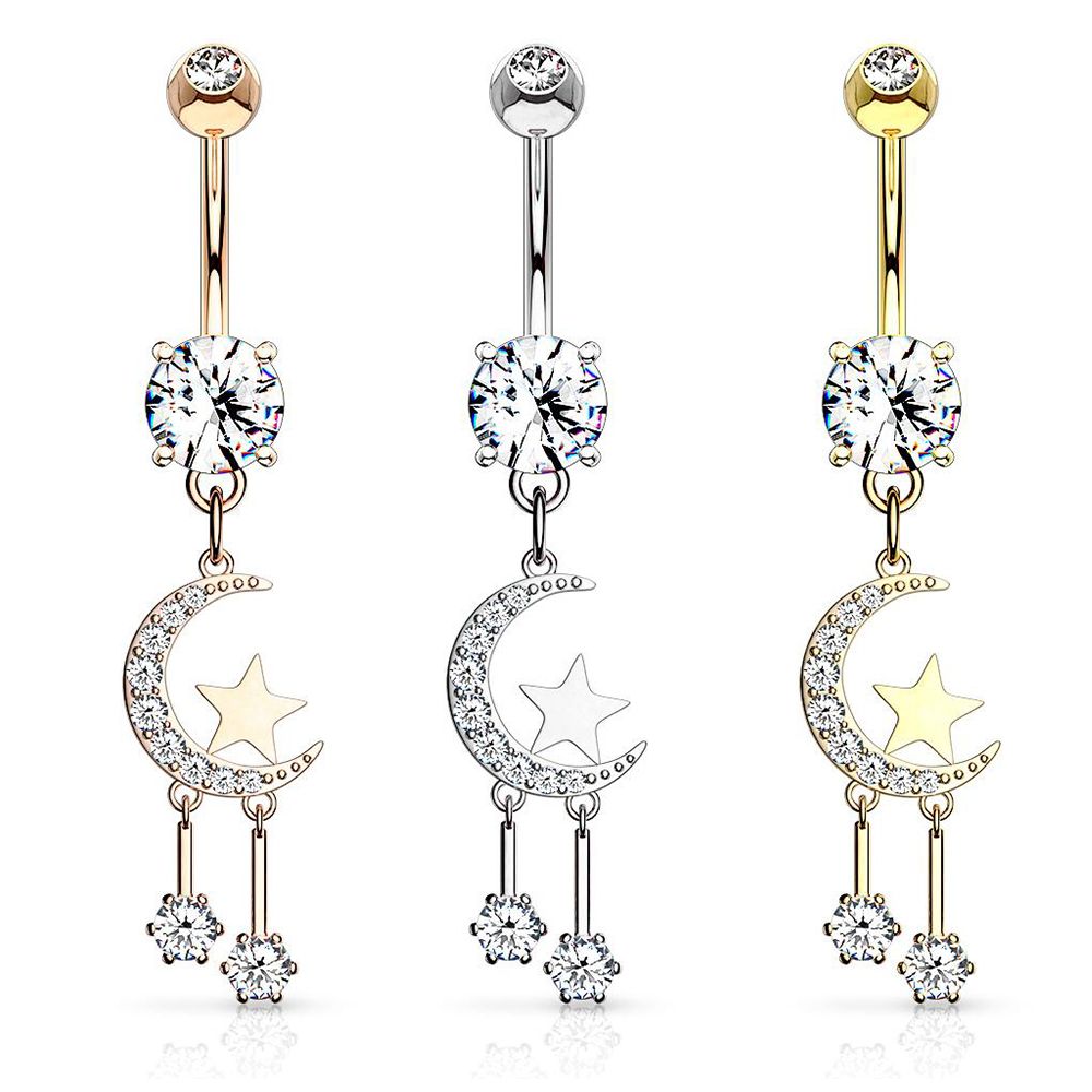 Surgical Steel 14 Gauge Belly Ring with CZ Crescent Moon and Star