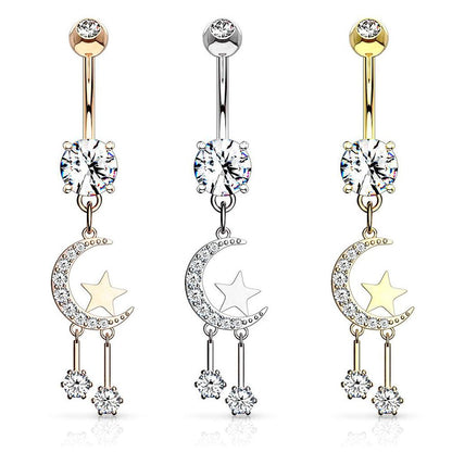 Surgical Steel 14 Gauge Belly Ring with CZ Crescent Moon and Star