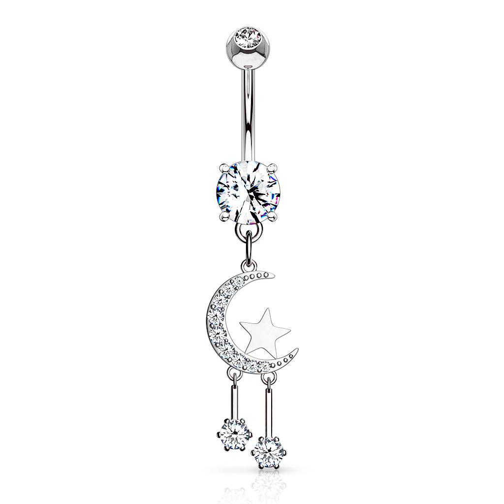 Surgical Steel 14 Gauge Belly Ring with CZ Crescent Moon and Star - photo 2