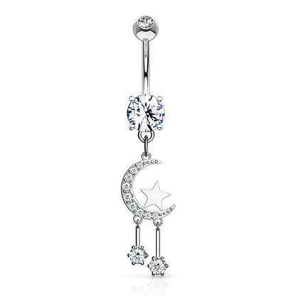 Surgical Steel 14 Gauge Belly Ring with CZ Crescent Moon and Star - photo 2