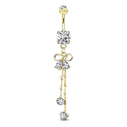 Surgical Steel 14 Gauge Belly Ring with Two Pear CZ Ribbon Dangle - photo 2
