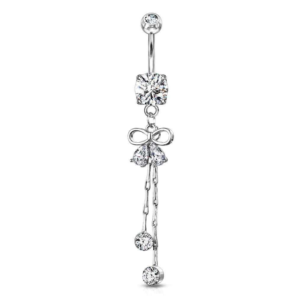 Surgical Steel 14 Gauge Belly Ring with Two Pear CZ Ribbon Dangle - photo 3