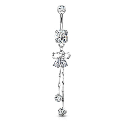 Surgical Steel 14 Gauge Belly Ring with Two Pear CZ Ribbon Dangle - photo 3