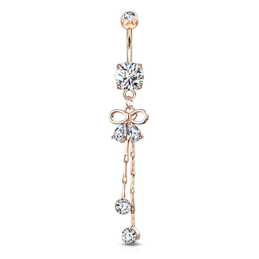 Surgical Steel 14 Gauge Belly Ring with Two Pear CZ Ribbon Dangle - photo 4