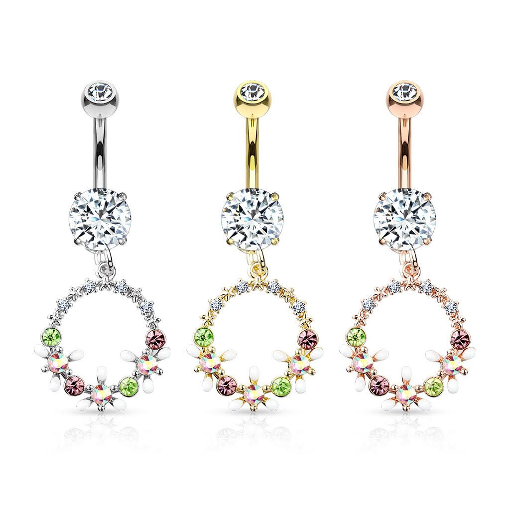 Surgical Steel 14 Gauge Belly Ring with AB Crystal Flower Dangle