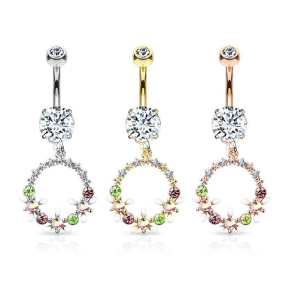 Surgical Steel 14 Gauge Belly Ring with AB Crystal Flower Dangle