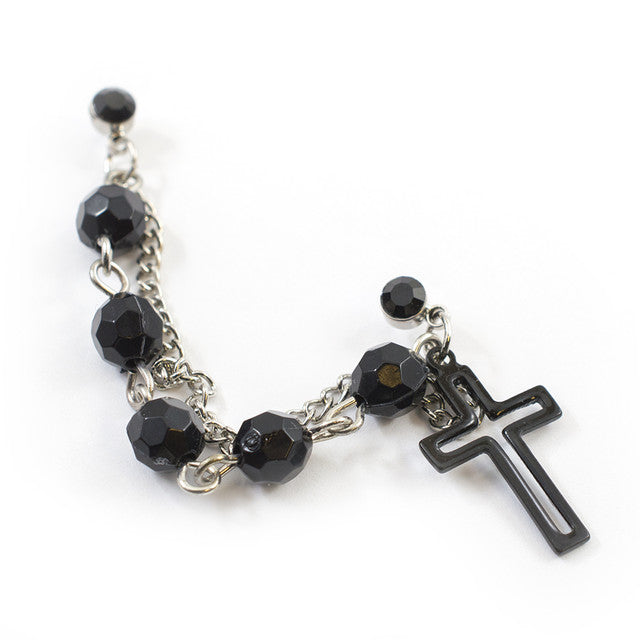Surgical Steel Cartilage Chain Dangle Earring 22 Gauge & Black Rosary - Kruelty - Photo 4