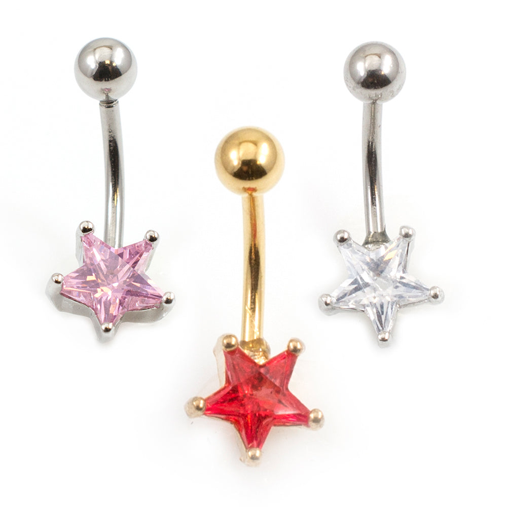 Surgical Steel 14 Gauge Belly Ring with Prong Set CZ Star