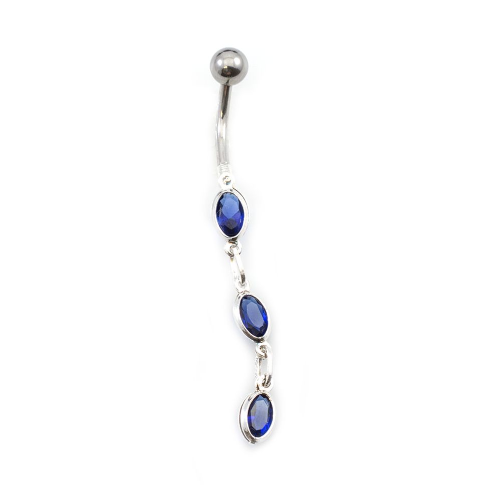Surgical Steel 14 Gauge Belly Ring with Blue Oval CZ Dangle