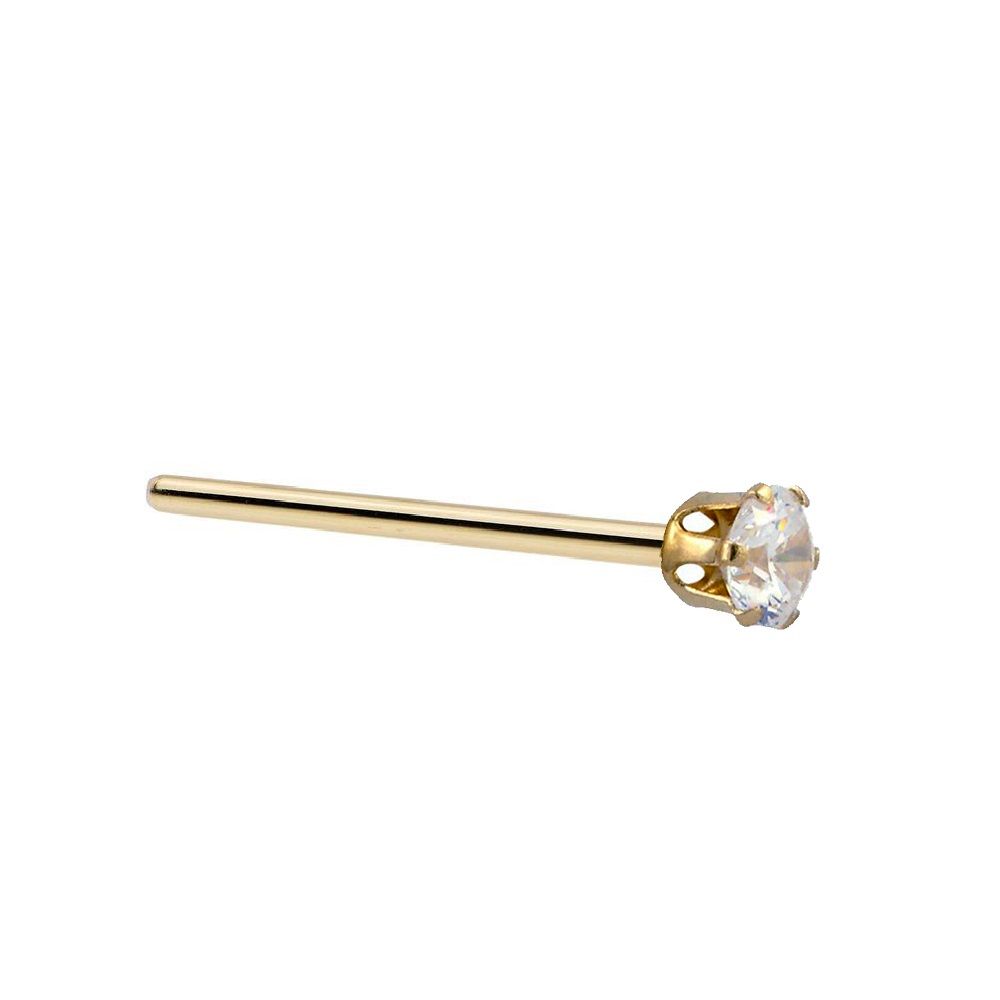 14K Yellow Gold 22 Gauge Fishtail Nose Stud with Prong CZ