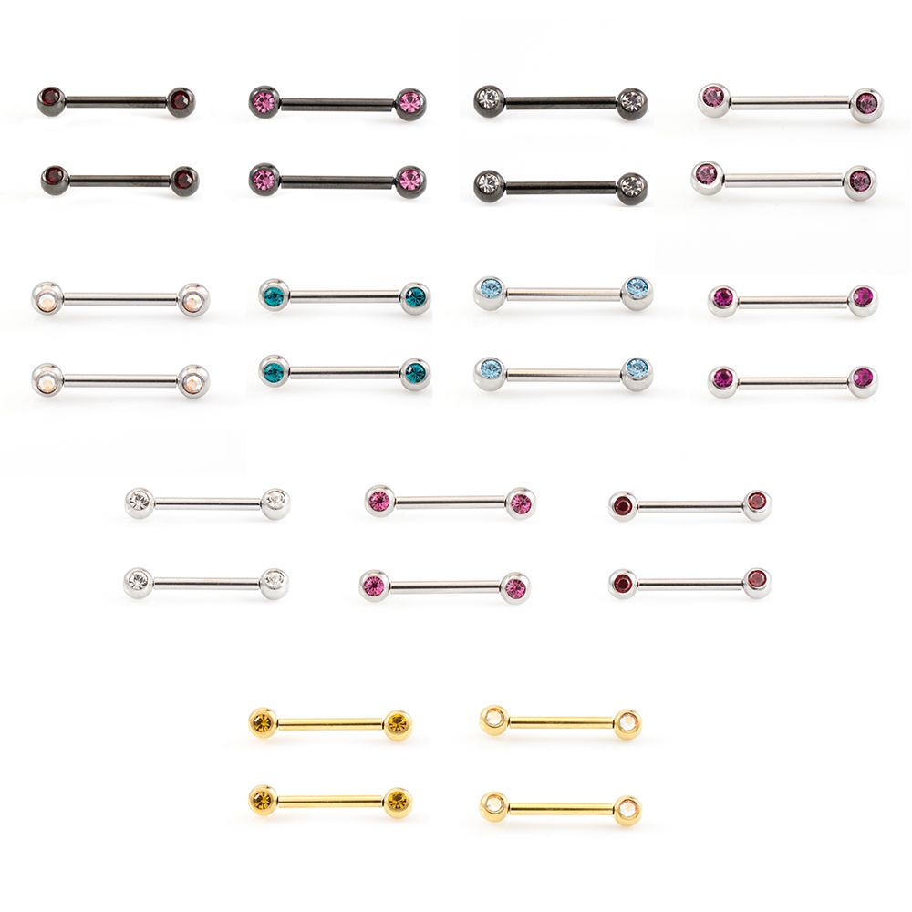 Surgical Steel 14 Gauge Push Pin Nipple Barbells with CZ - Pair
