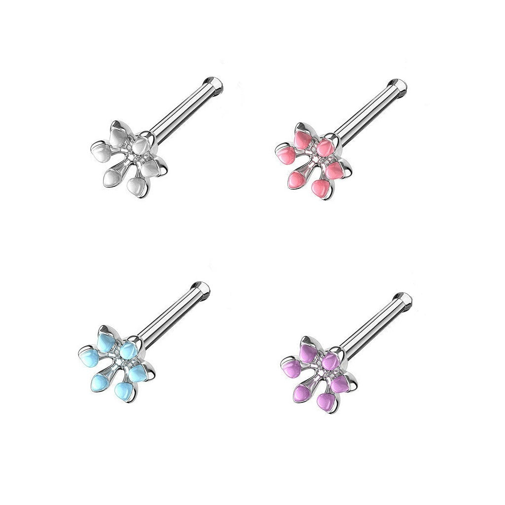 Surgical Steel 20 Gauge Nose Bone Stud with Enamel Flower
