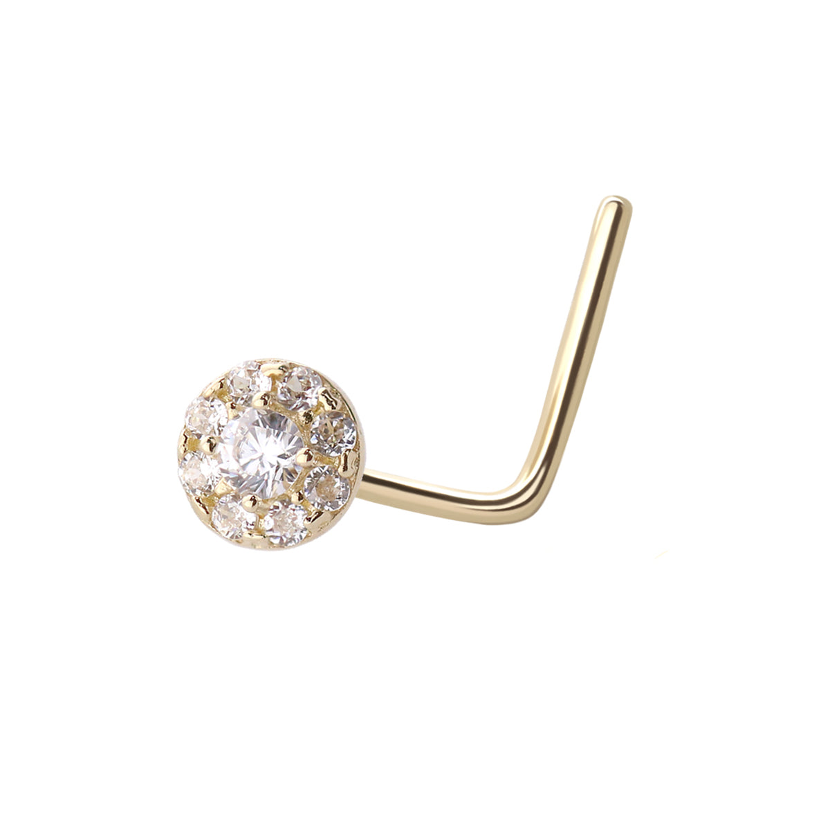 14K Solid Gold 22 Gauge L Shape Nose Stud with Prong Set Flower