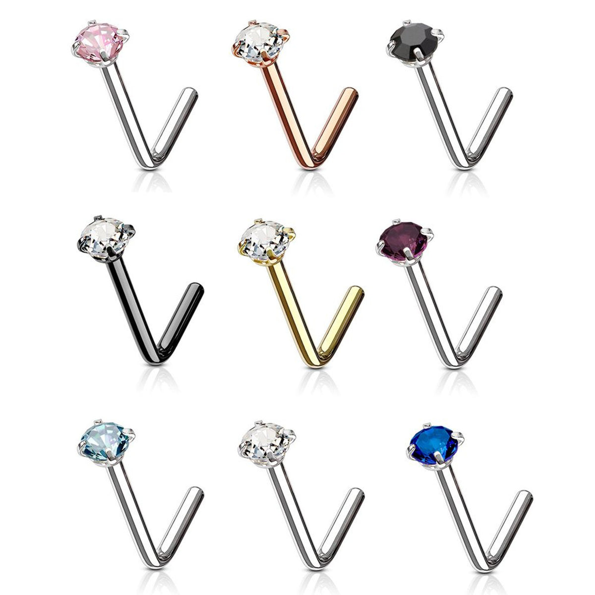 Surgical Steel Nose Ring Stud 20 & 18 Gauge 1/4" L Bend CZ Gem - Kruelty