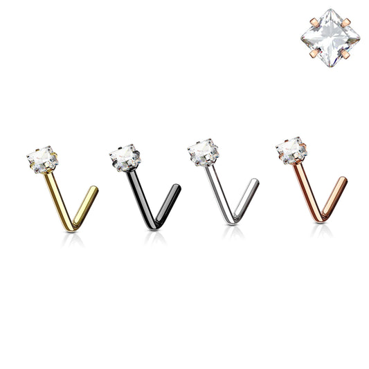 Surgical Steel Nose Ring Stud 20 Gauge 1/4" L Bend with Square CZ Gem