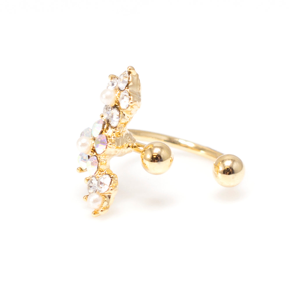 Gold IP Non-Piercing Ear Cartilage Cuff with Faux Pearl Flower