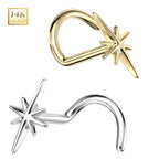 14K Solid Gold 20 Gauge North Star Corkscrew Nose Stud