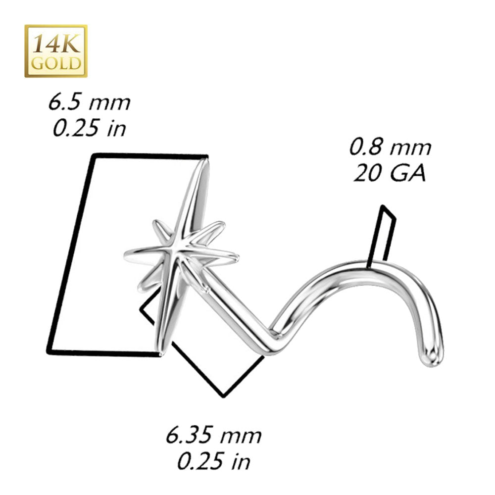 14K Solid Gold 20 Gauge North Star Corkscrew Nose Stud